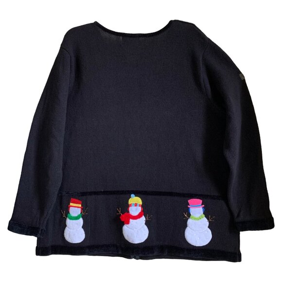 QUACKER FACTORY Womens' VINTAGE Black Snowman Holiday Zip Up Sweater 1X - Picture 2 of 5